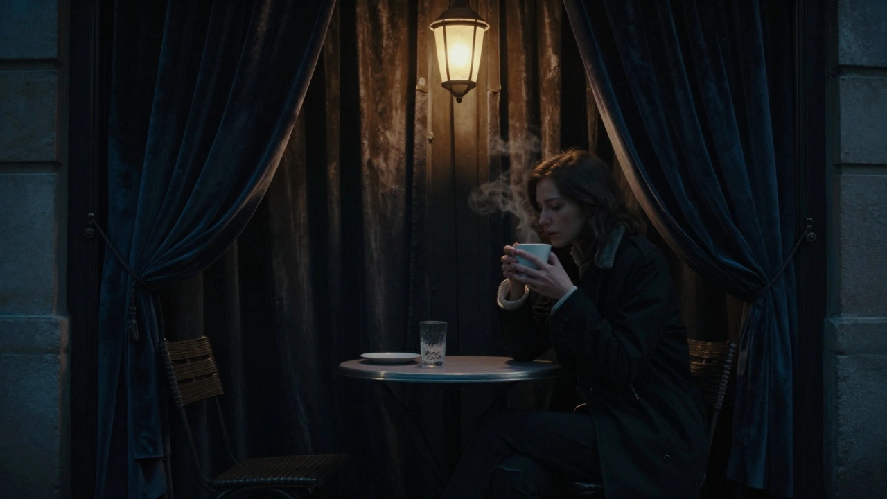 Une femme assise sur une terrasse sombre à Paris, une lumière douce éclaire son visage dans l'ombre.