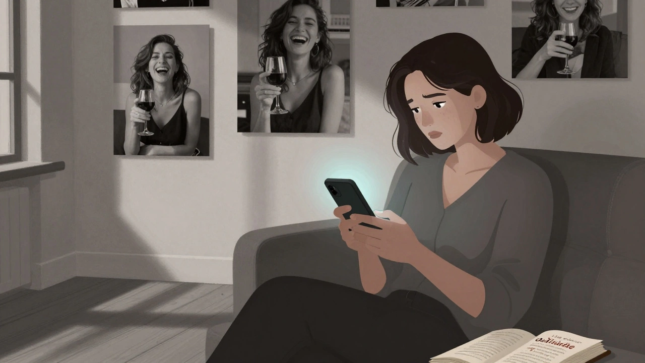 Une femme dans un loft de Saint-Germain, consulte un site de rencontre, photos noirs et blancs aux murs, livre ouvert à côté d'elle.