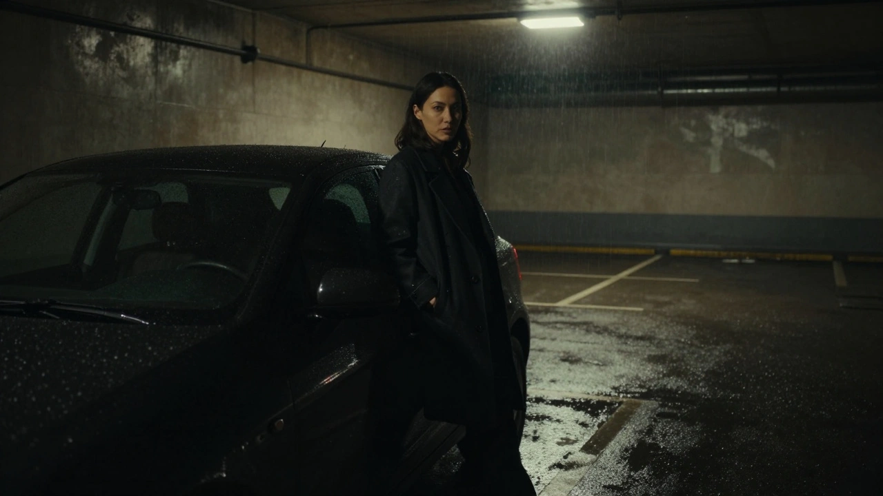 Une femme dans un manteau élégant appuyée contre une voiture dans un parking souterrain du 13e arrondissement, nuit pluvieuse et lumière tamisée.