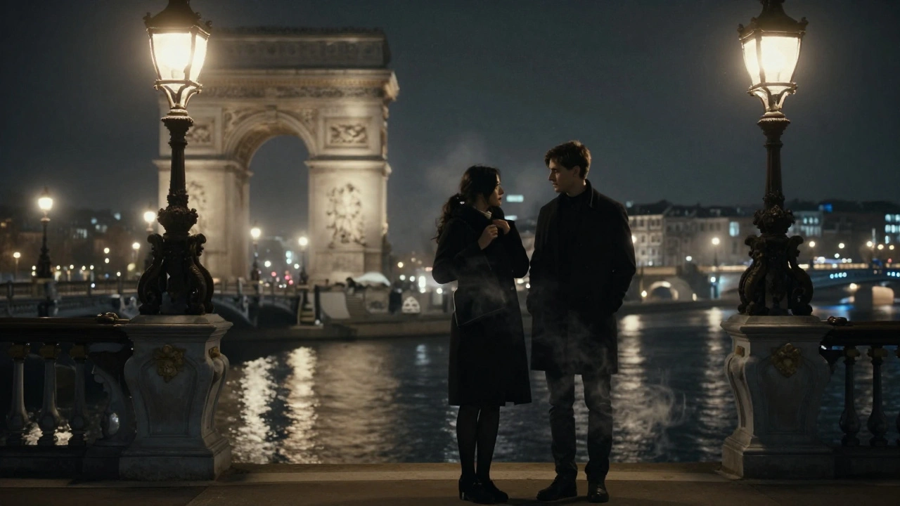 Une femme déboutonnant son manteau sur le pont Alexandre-III, nuit parisienne, reflets sur la Seine.