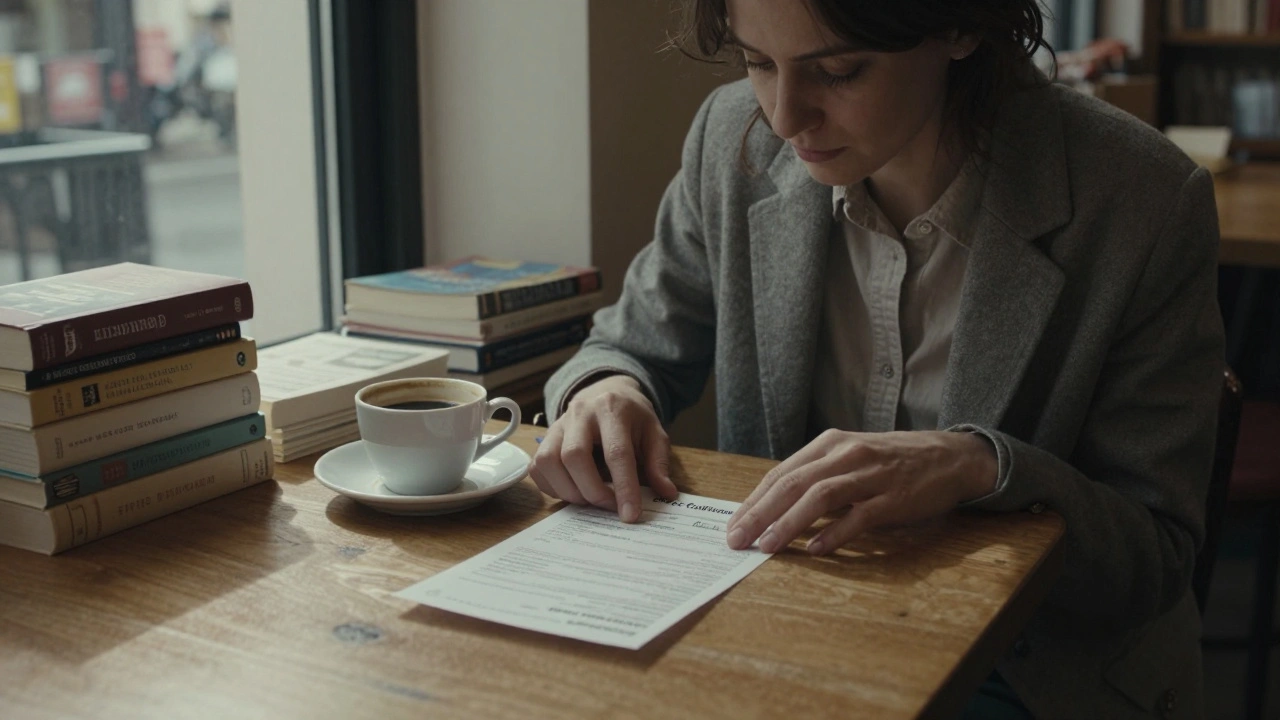 Une femme étudie un e-mail et une facture sur une table de café, entourée de livres français.
