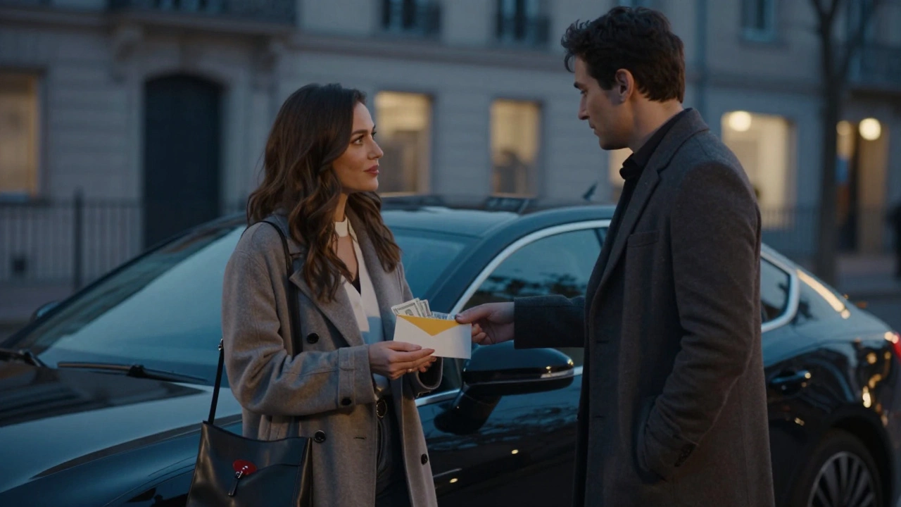 Une femme reçoit de l'argent liquide d'un homme dans la lumière des lumières de la ville, dans un moment d'échange respectueux.