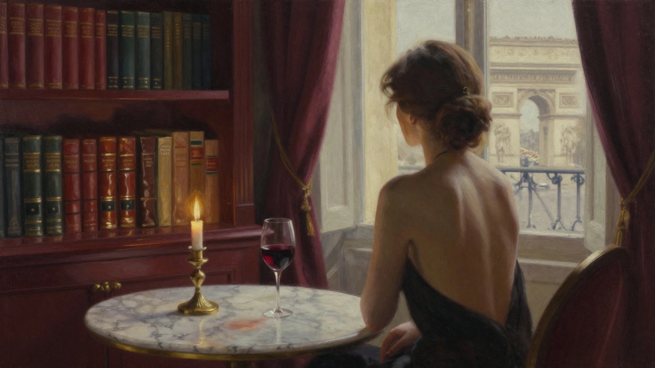 Une pièce élégante avec une fenêtre sur les Champs-Élysées, un livre et un verre de vin sur une table en marbre.