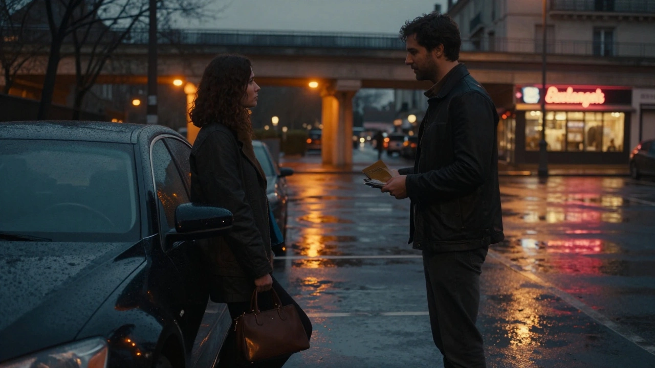 Une rencontre discrète dans un parking sous un pont à la tombée de la nuit, argent et regard échangés sans mots.